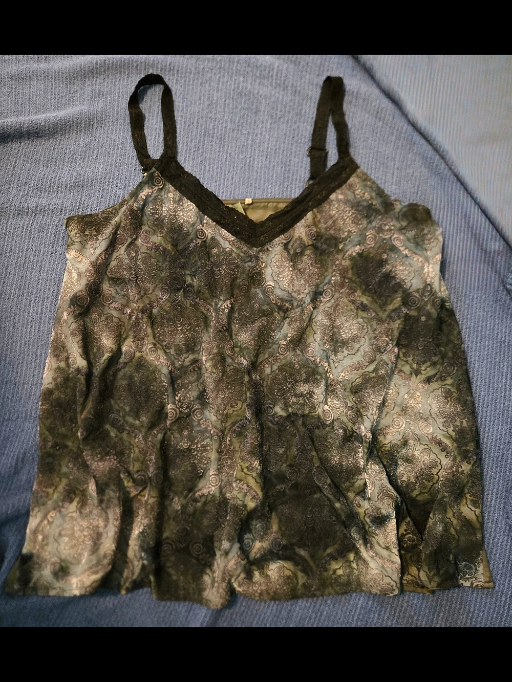Aratta Silent Journey Olive Paisley Satin Cami with Black Lace Trim